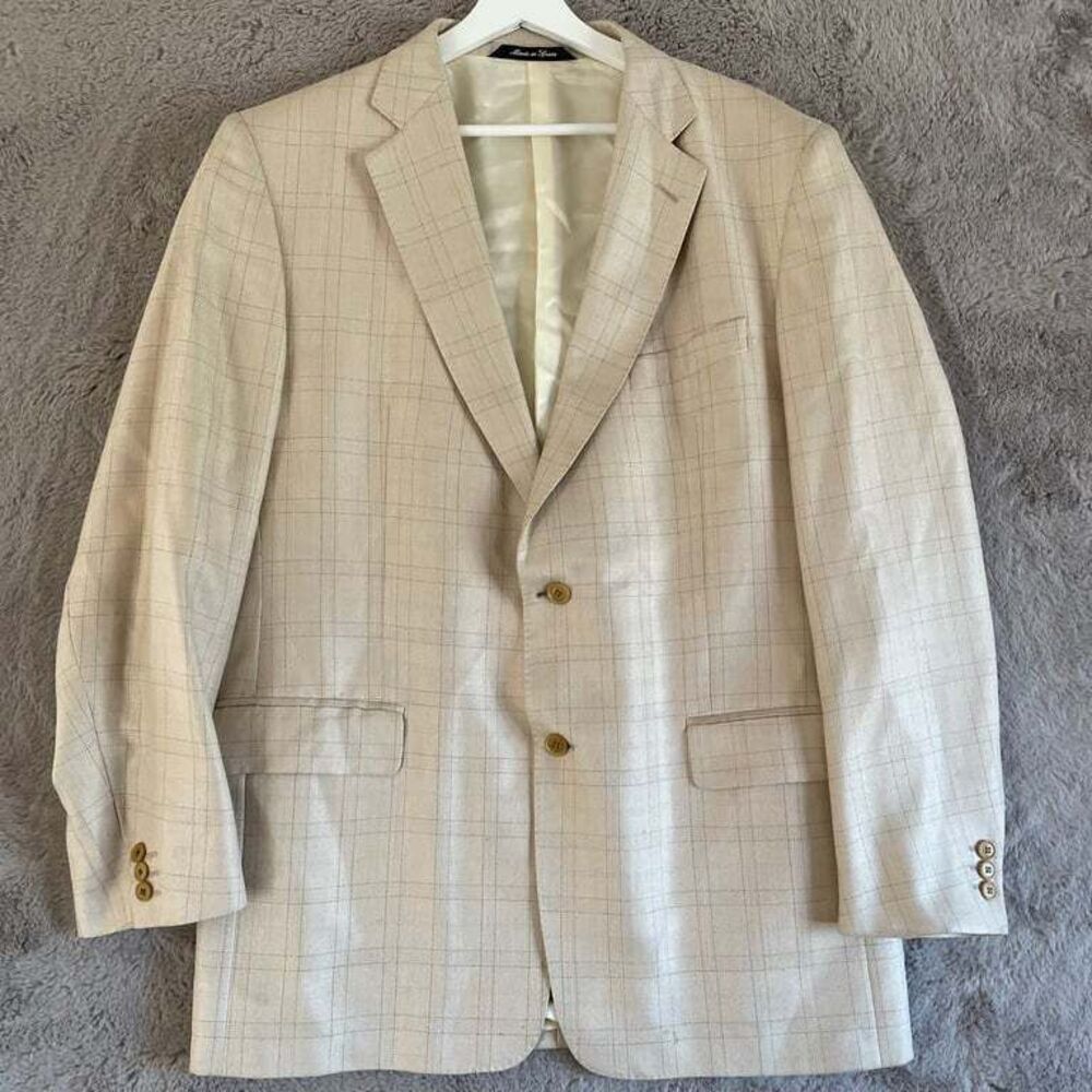 Emilio‎ Yuste Beige Checkered Silk Blazer Men’s England Size 40R Career Busines